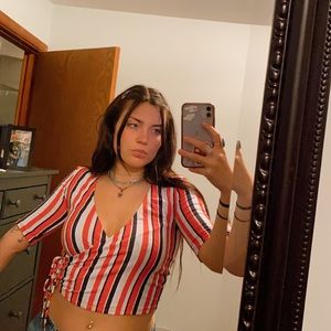 Orange and blue striped wrap top